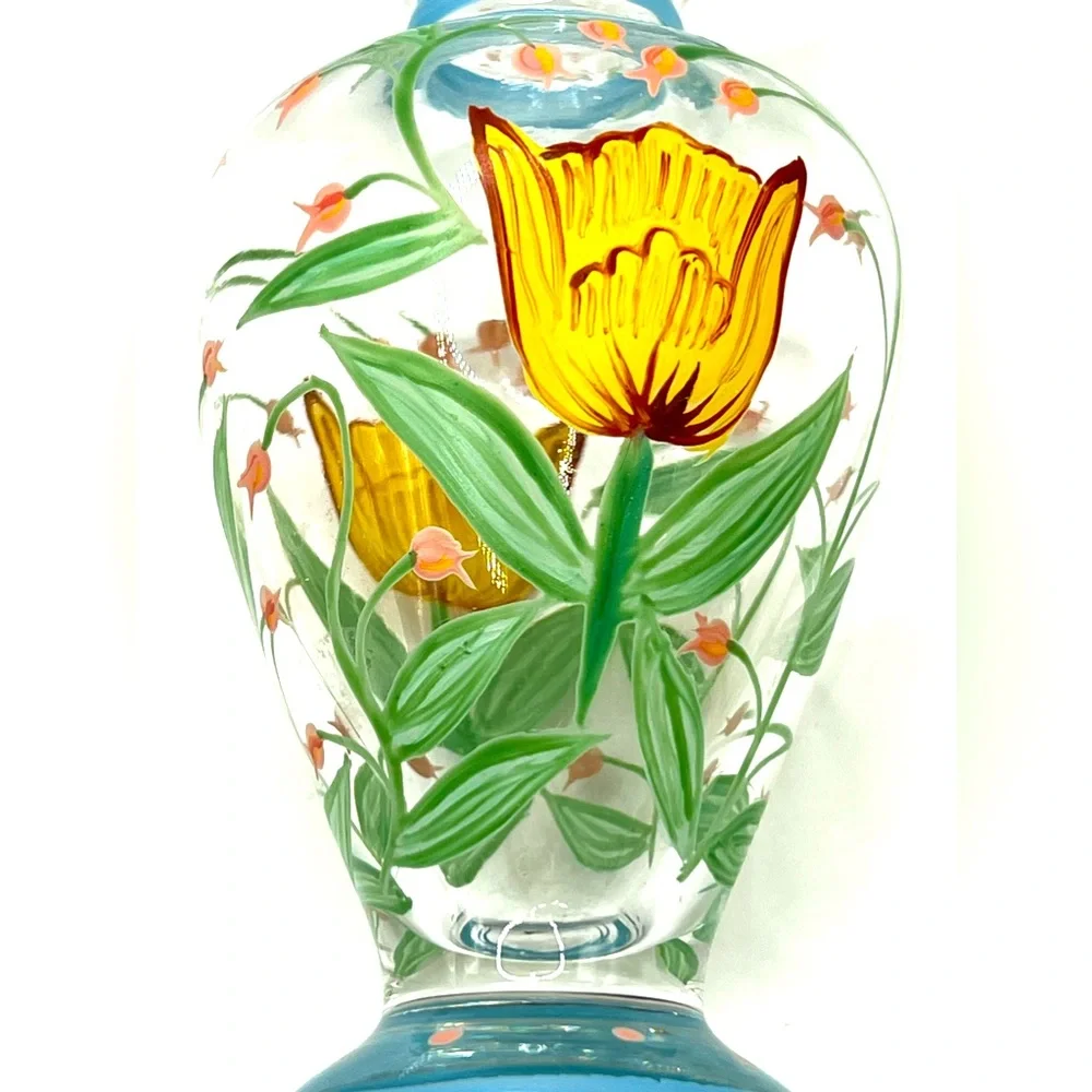 VTG Tracy Porter Hand Painted Glass Flower Vase Ruffled Rim Yellow Tulip 6.5 in